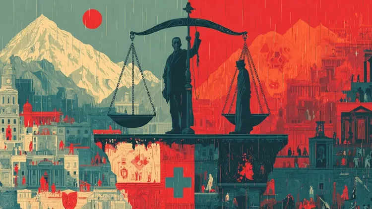 Scales of justice over a cityscape with mountains and red sky.