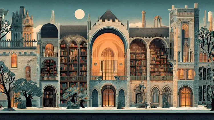 Fictional university library facade, European style, with towers and arches.