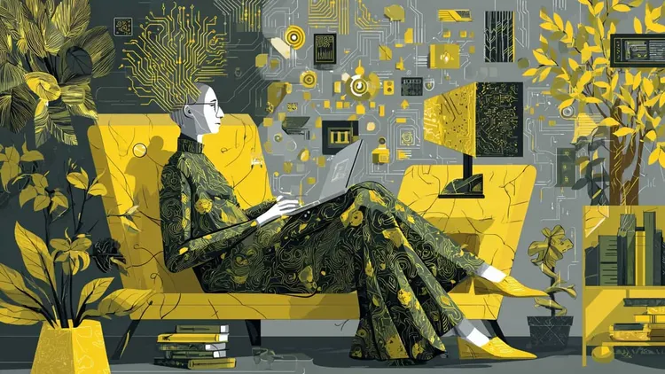 Woman with glasses using a laptop on a yellow sofa, surrounded by digital icons.