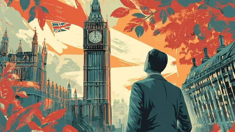 A man in a suit looks at Big Ben and the Houses of Parliament.