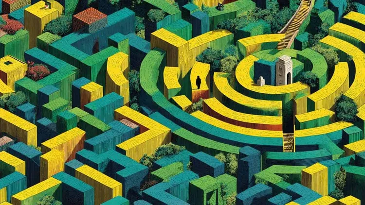Aerial view of a colourful maze with a central tower and pathways.