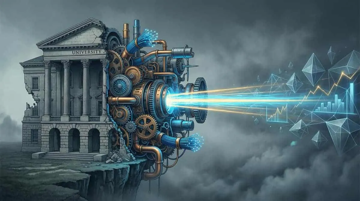 Futuristic machine projecting data towards a university building, symbolising knowledge transfer.