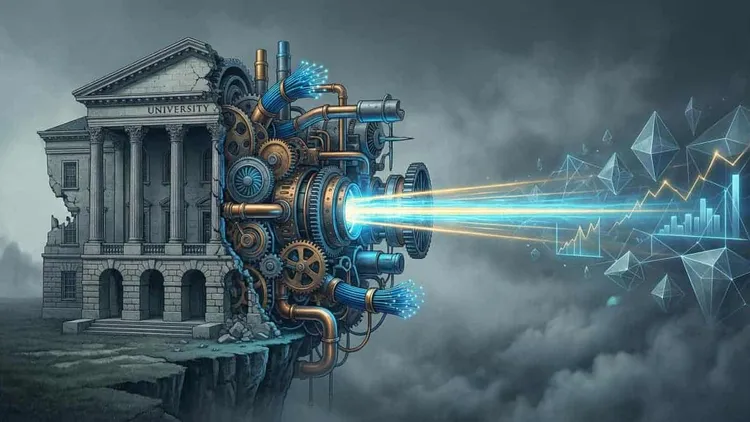 Futuristic machine projecting data towards a university building, symbolising knowledge transfer.