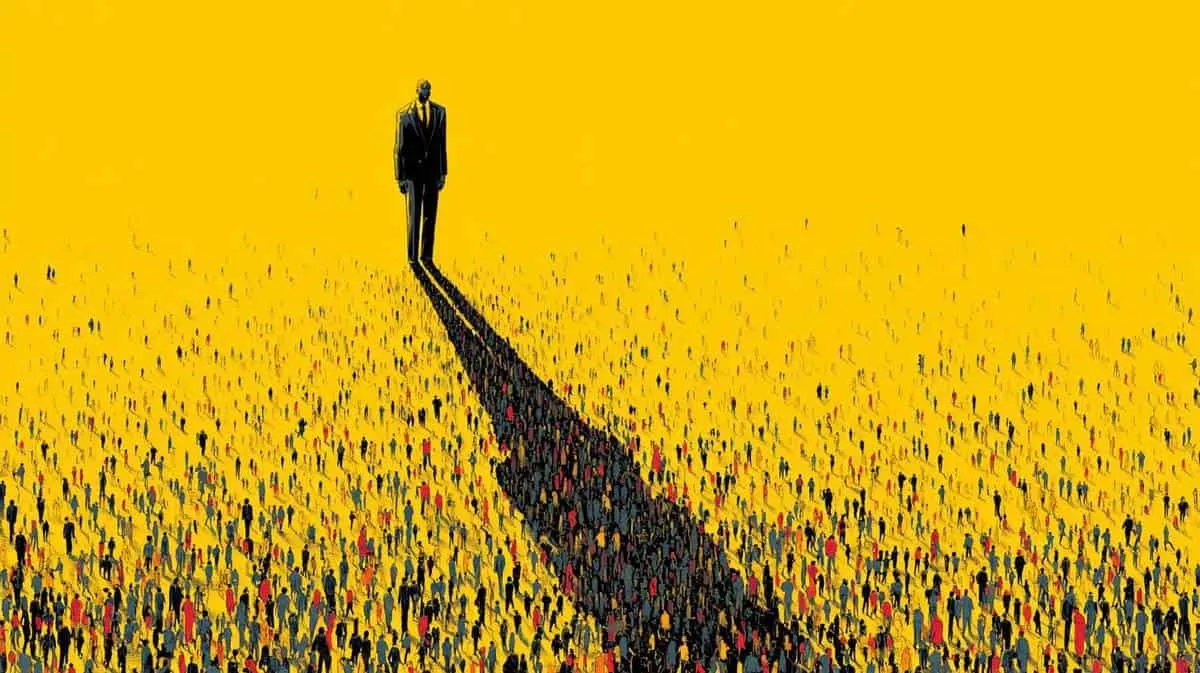 Man — walking on a path through a crowd.