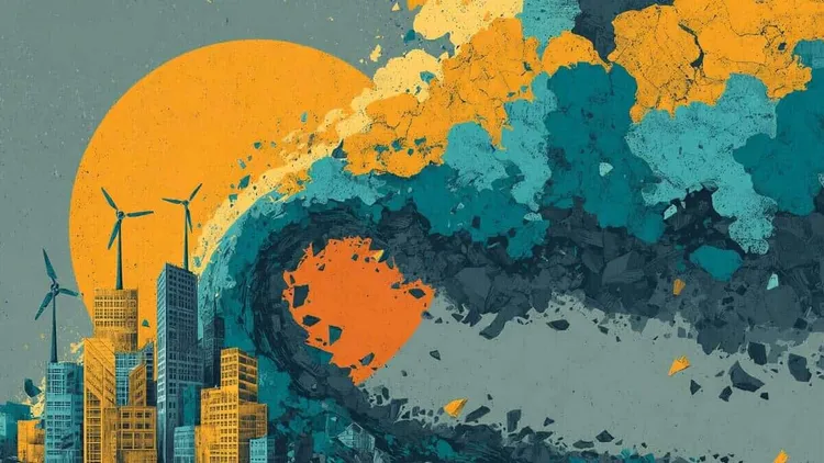 Abstract illustration of climate change with wind turbines and cityscape.