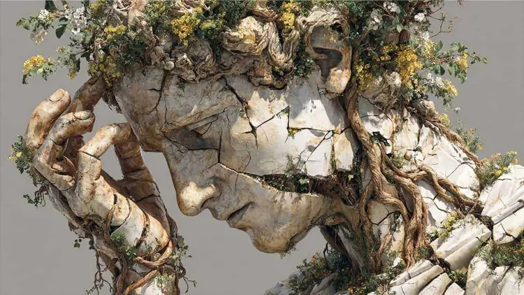 Sculpture of a contemplative face with plant growth.