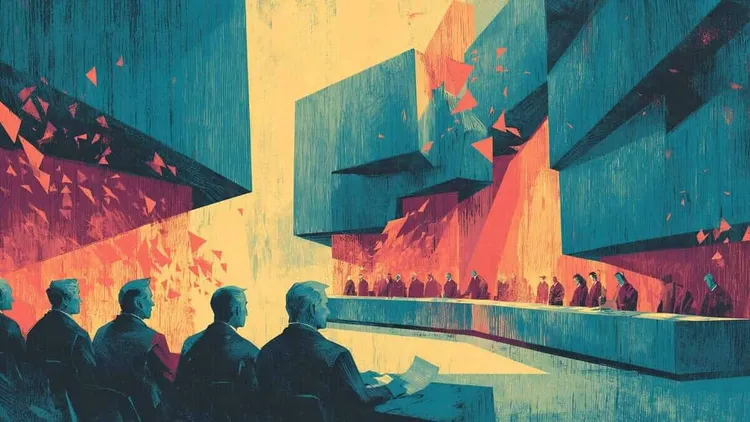Abstract geometric art with audience.