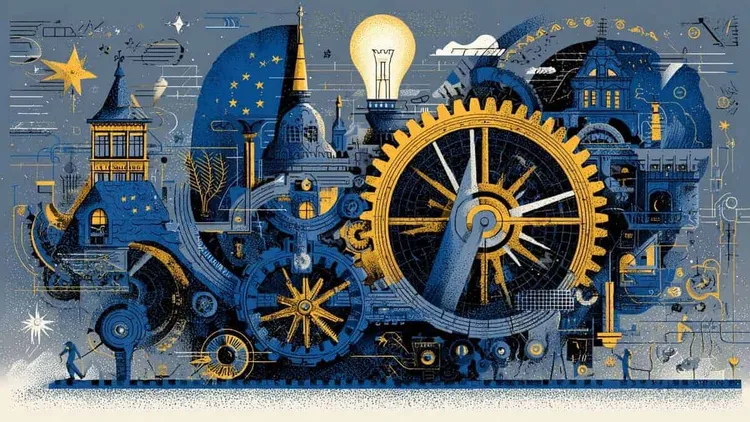 Intricate blue and gold mechanical clockwork with gears and cogs.