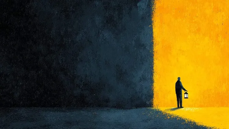 Man with lantern in dark and light.