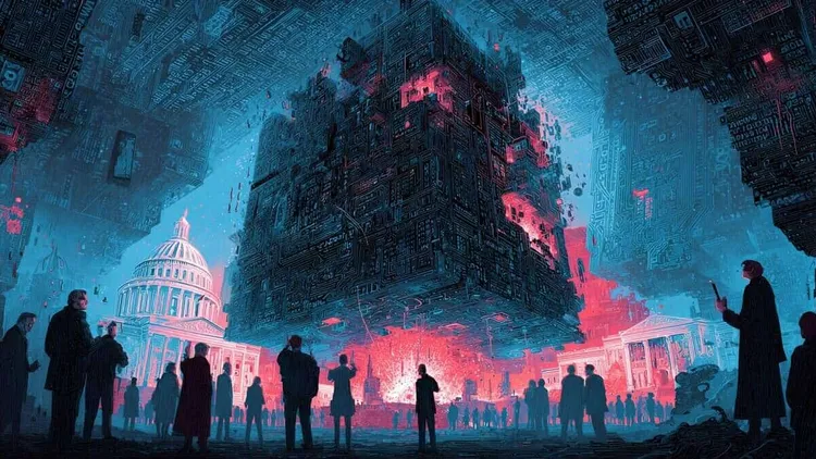 Futuristic cityscape with digital and neon elements, people observing the scene.