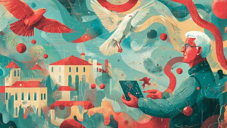 Futuristic cityscape with flying birds and a person using a tablet.