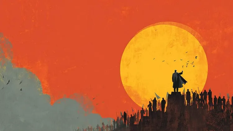 Sunset with silhouetted figures and a large yellow sun.