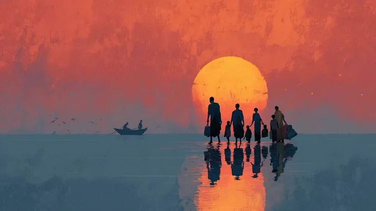 Refugees walking at sunset.