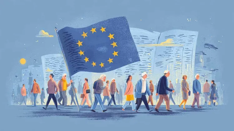 European Union flag with pedestrians, Social Europe.