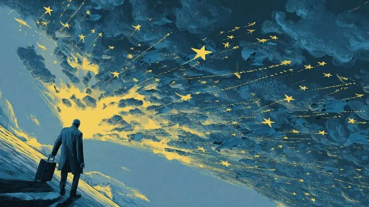 Man with a suitcase walking towards a starry sky.