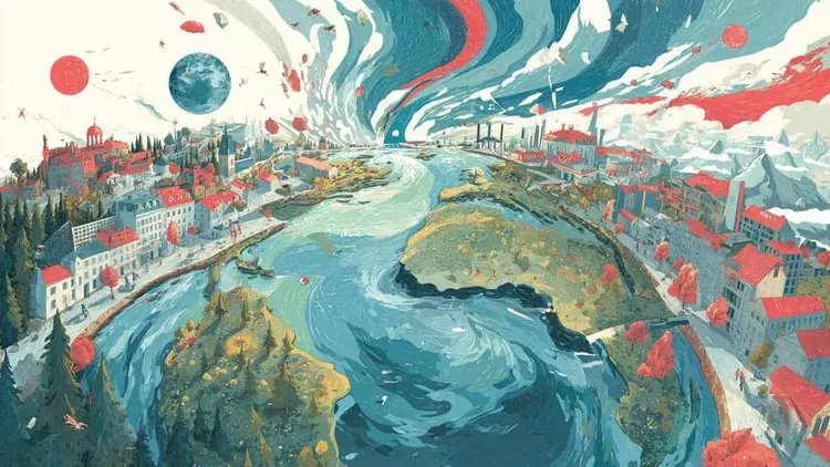 A stylised painting of a river flowing through a European city with bridges and buildings.
