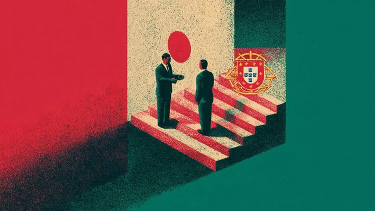 Two men in suits on stairs with Portugal flag and emblem.