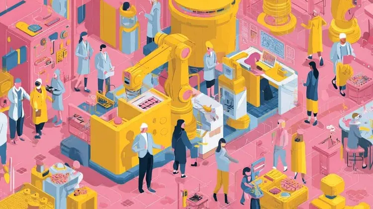 Workers and robots in a digital manufacturing factory, Social Europe.