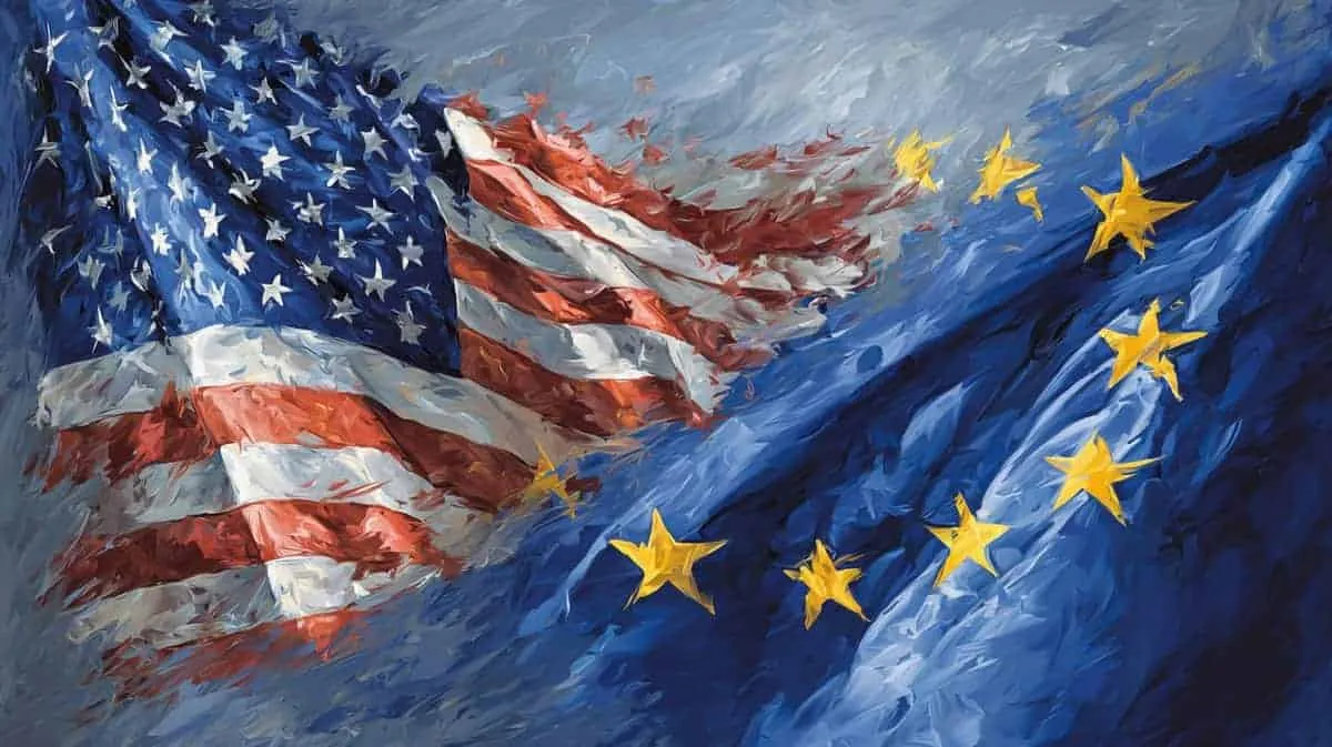 US and EU flags in a symbolic painting.