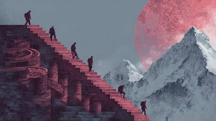 Climbers ascending mountain stairs, traditional Asian landscape background.