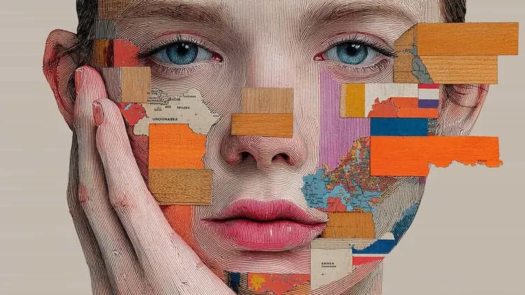 Woman with map and wooden blocks on her face, Europe theme, Social Europe.