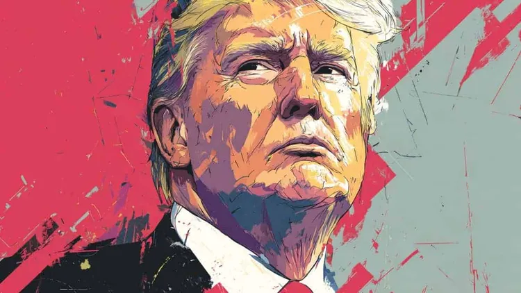 Painted illustration of Donald Trump looking upwards against pink and grey brushstrokes.
