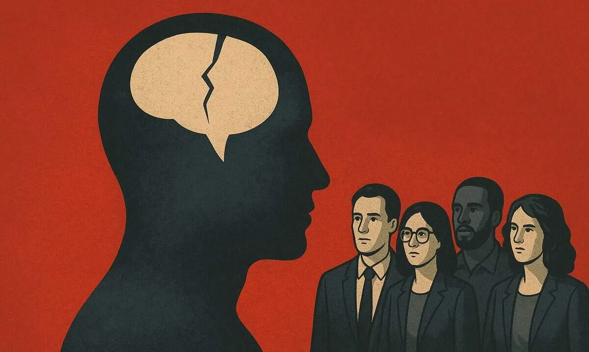 Silhouette of a head with a cracked brain, facing four diverse individuals.