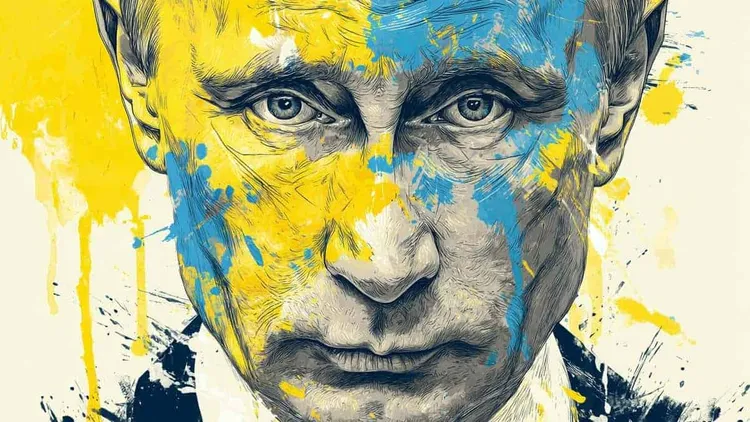 Close-up drawing of Vladimir Putin's face splashed with blue and yellow paint.