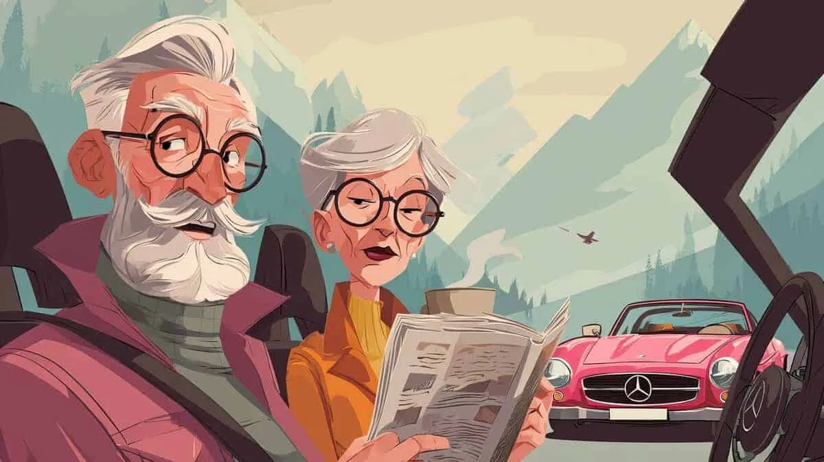 Elderly man and woman in a car, reading a newspaper, mountains in background.