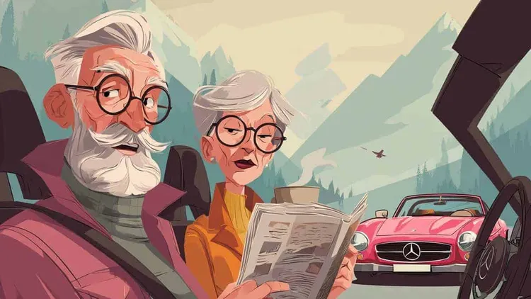 Elderly man and woman in a car, reading a newspaper, mountains in background.