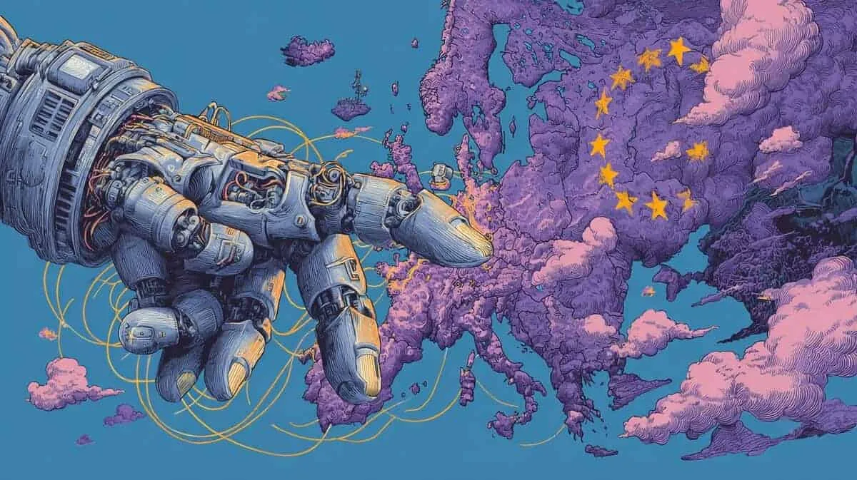 Robotic hand pointing towards Europe with EU stars in clouds.