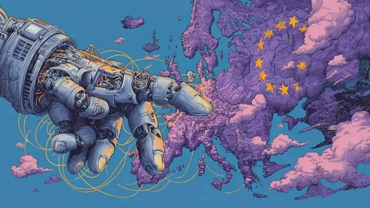 Robotic hand pointing towards Europe with EU stars in clouds.