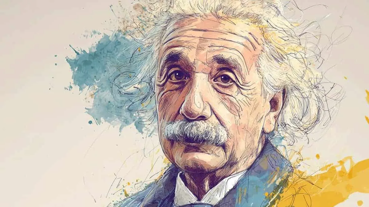 Sketch-style portrait of Albert Einstein with blue and yellow watercolour splashes.