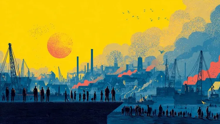 Industrial landscape with factories, workers, and pollution.