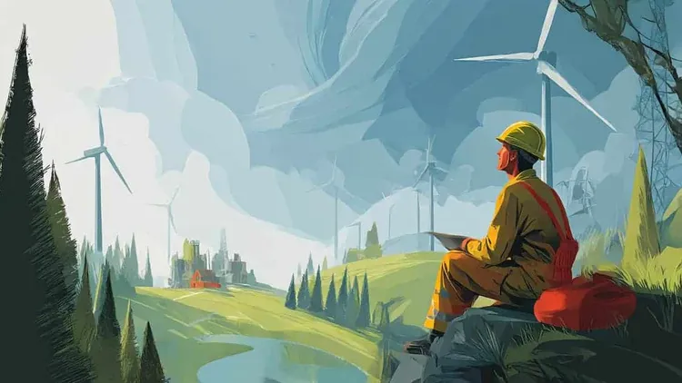 Person in safety gear overlooking wind turbines and landscape.