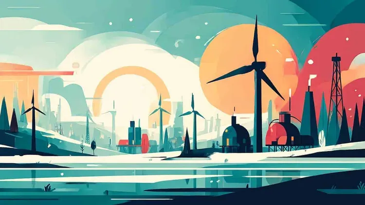 Wind turbines and factories in a futuristic landscape, Social Europe.