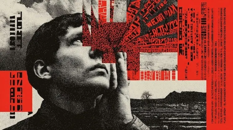 Woman with hand on face, propaganda poster, red and black design.