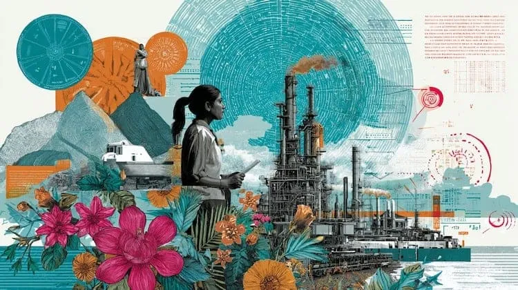 A woman observing an industrial plant with environmental elements and flowers.