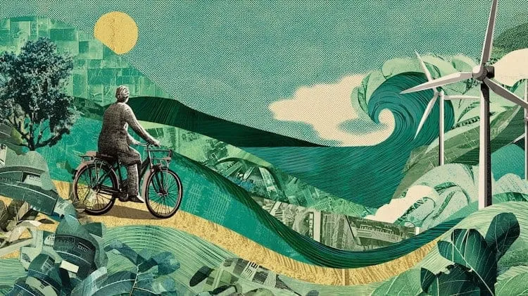 Cyclist on a green landscape with wind turbines and a large wave.