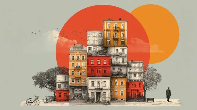 Stacked colourful buildings with a person and bicycle in front.
