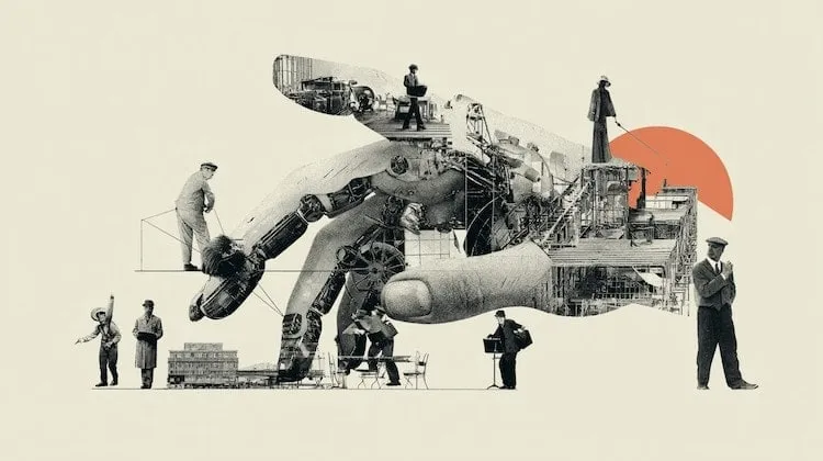 Robotic arms and workers in a factory, Social Europe.