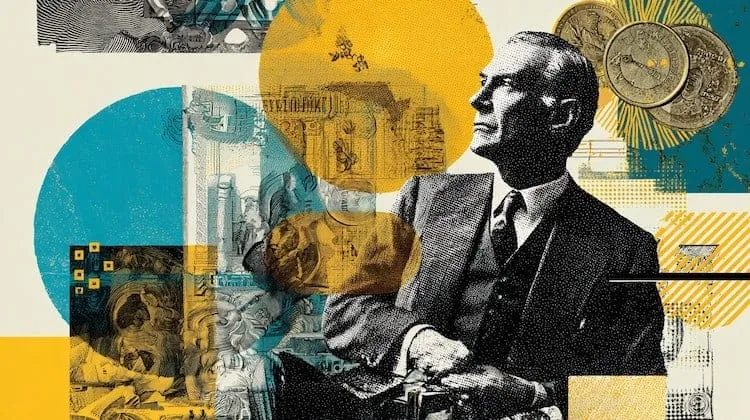 Economic leader — portrait with financial symbols.