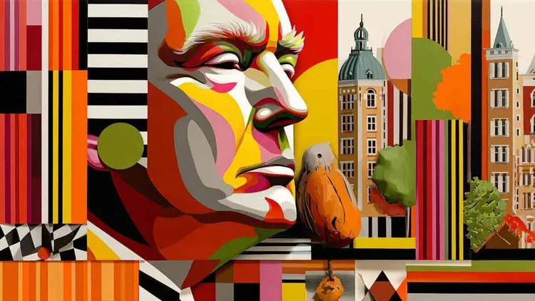 Abstract mural of a face with cityscape background, colourful geometric patterns.