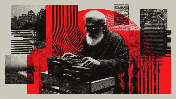 Elderly man with glasses and beard, reading a book, abstract background.