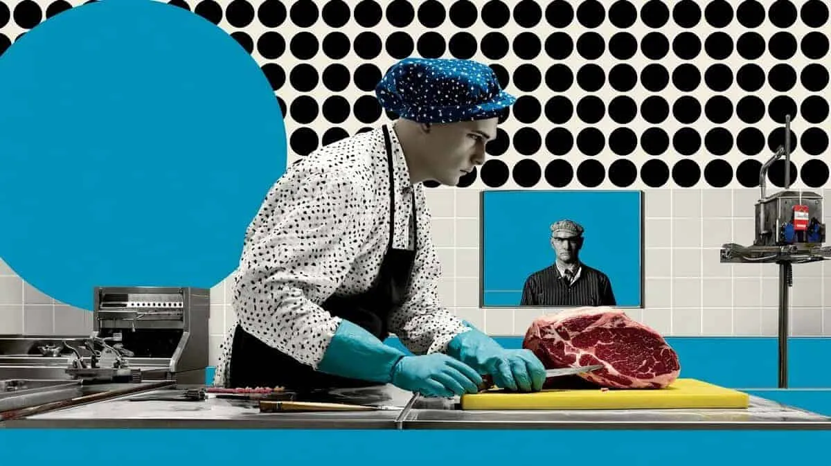 Meat industry worker in a modern setting.