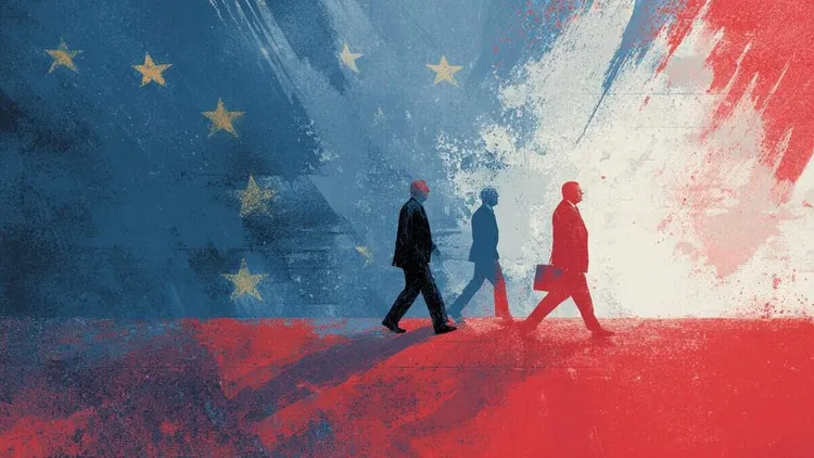 European leaders walking against a backdrop of the EU and French flags.
