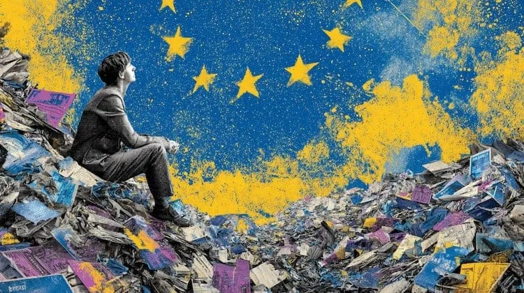 Woman sitting on debris with EU flag in the background.