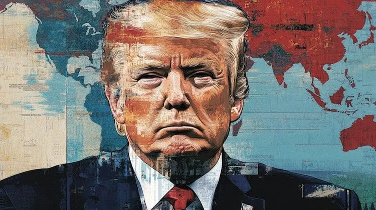 Painted illustration of Donald Trump in front of a world map.