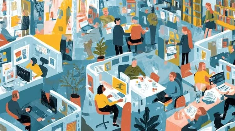 Open-plan office with diverse workers.