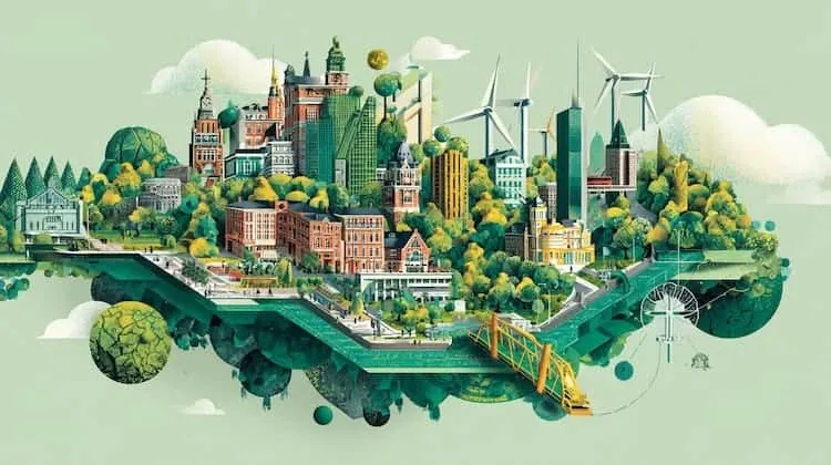 Cityscape with wind turbines, green buildings, and trees, illustrating sustainable urban development.